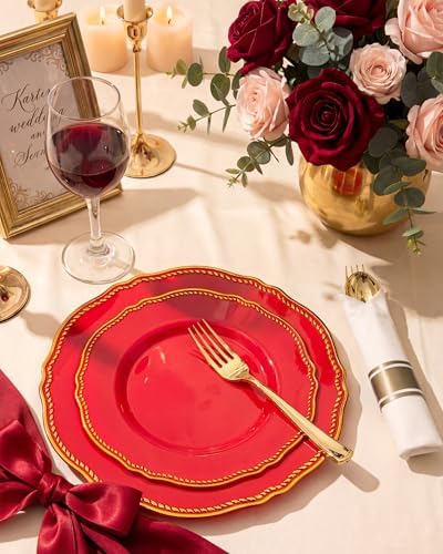 Hioasis 350 Pcs Red Gold Plastic Plates Wedding & Party