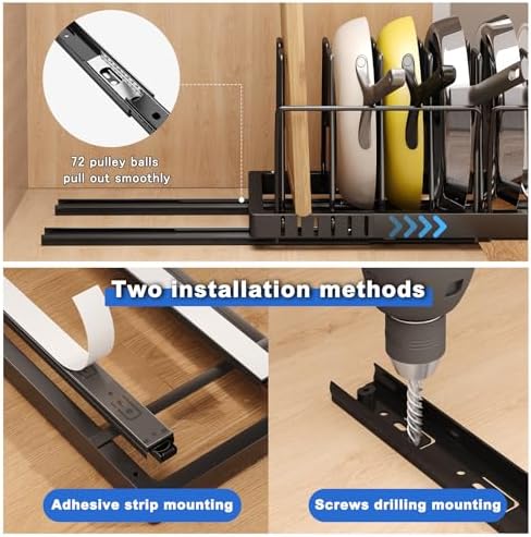 Mustorn 2 Pack Pots and Pans Organizer Under Cabinet, 21.6" Deep Pull Out Pot Lid Organizer Holder with Guardrail Adhesive Pot and Pan Holder Rack with 10 Adjustable Dividers(Black)