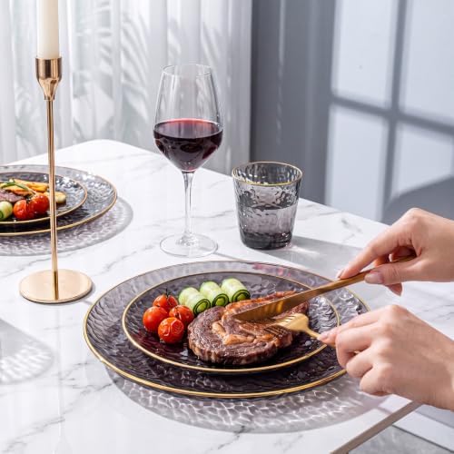 Rubtlamp 60Pcs Black Plastic Plates, Black Disposable Plates With Gold Rim, Clear Heavy-duty Party Plates, Hammered Plastic plates Include 30 Dessert Platos, 30 Dinner Platos for Party