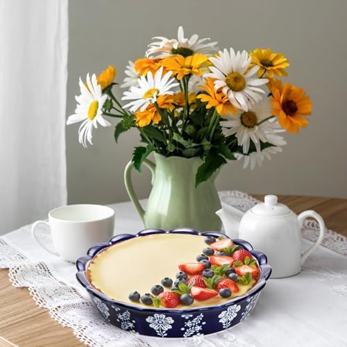 Tosnail 2 Pack 9.5" Ceramic Pie Pan, Deep Pie Dish, Fancy Pie Plates, Nonstick Large Quiche Pan Round Baking Dish for Fruit Tarts, Apple Pies, Cakes, Quiches
