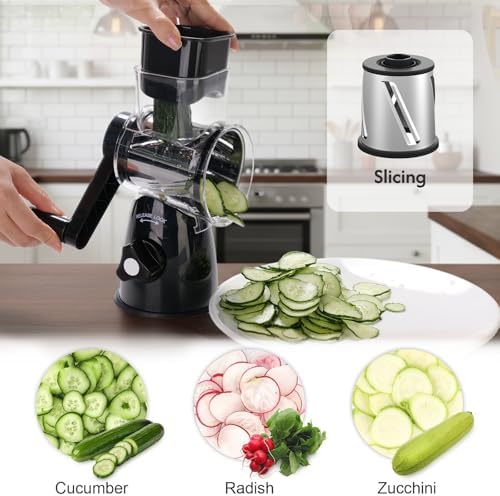 Rotary Cheese Grater Shredder 3-in-1 Hand Crank Suction Base