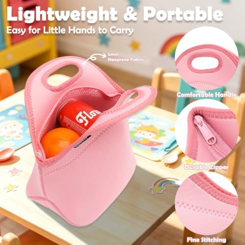 FlowFly Neoprene Kids Lunch box Insulated Soft Bag Mini Cooler Thermal Meal Tote Kit for Boys, Girls,Men,Women,School,Work, Office, Pink