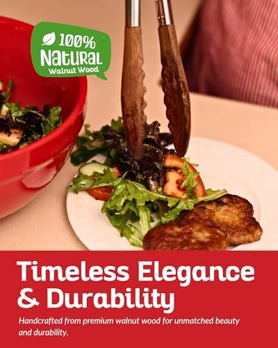 Boxiki Kitchen Wooden Tongs for Cooking - Nonstick Kitchen Salad Tongs for Serving Food, Grilling, Cooking, BBQ and Tossing Salad - Made of Natural Walnut Wood, Size 12-inch