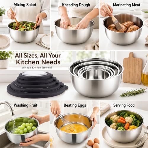 E-far Mixing Bowls with Lids Set of 5, Stainless Steel Nesting Salad Bowls