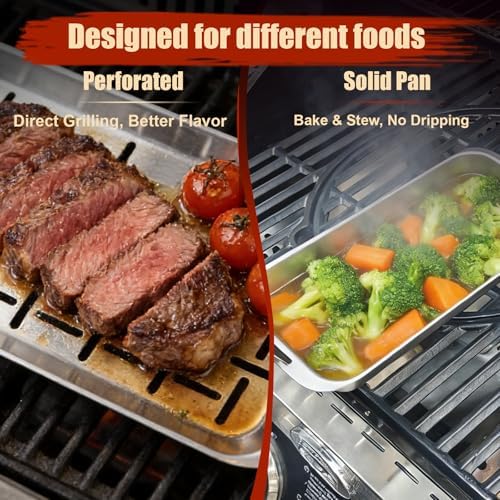 BBQ Vegetable Grill Basket Set, 4 Piece Stainless Steel Grill Pan Set with Universal Handle & lid, Dishwasher Safe, for Outdoor Cooking, Camping, Picnic, For Grilling Fish Veggies & Meats