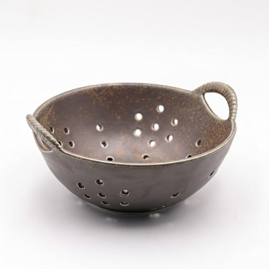 8" Ceramic Berry Colander with Handles, Reactive Glaze Fruit Washing Bowl, Rustic Stoneware Pasta Strainer for Kitchen (Charcoal Grey)