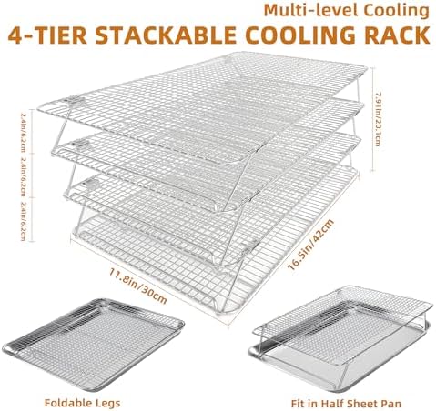 4PCS Sourdough Bread Cooling Rack, Oven Rack for Baking and Cooking Collapsible 12"x 16.5" for Half Sheet, Wire Rack Stackable Stainless Steel Rack for Cookie, Cake, Bacon and Jerky