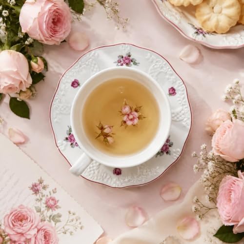 Tea Cup and Saucers Set, 8 OZ Vintage Rose Tea Cup with Saucer Spoon