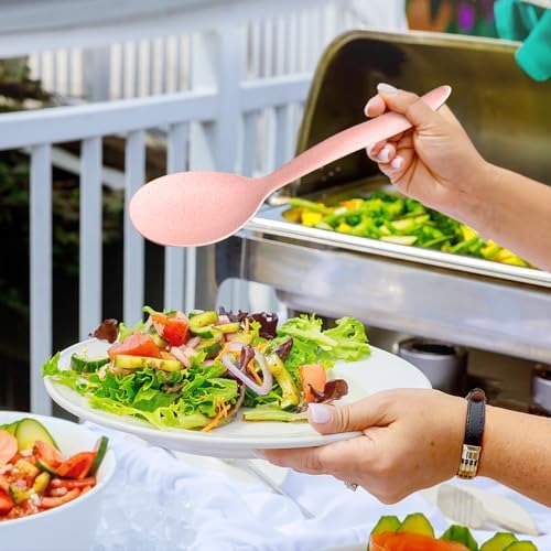 Reusable Plastic Serving Utensils Set of 12, Wheat straw Large Serving set 10" Serving Spoons/10" Slotted Spoons/9.4" Tongs, for Party Buffet Catering (Pink, Not for Cooking)
