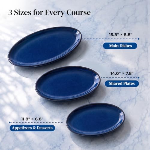 DOWAN Ceramic Serving Platter Set of 3-16"/14"/12" Large Serving Tray for Party Food, Turkey & Cheese, Oval Serving Dishes for Entertaining - Oven & Dishwasher Safe - Blue