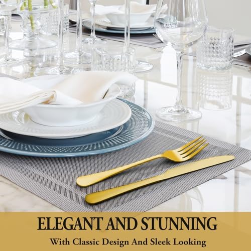24 Pcs Gold Silverware Set with Steak Knives, Stainless Steel Flatware Cutlery Set for 4, Kitchen Tableware Sets, Utensil Sets for Home and Restaurant, Dishwasher Safe