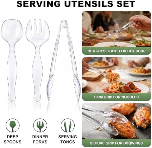 72 Pcs Clear Plastic Serving Utensils Set, Spoons Forks Tongs 9 inch