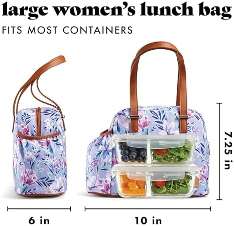 Fit & Fresh Lunch Bag For Women, Insulated Womens Lunch Bag For Work, Leakproof & Stain-Resistant Large Lunch Box For Women With Bottle Pocket, Long Straps, Zipper Closure Laketown Bag Floral Lilac