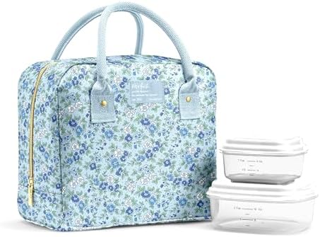 Fit & Fresh Bloomington Lunch Bag for Women - Insulated Large Lunch Box for Work with Containers, Leak-Resistant, Stain-Resistant, Zipper Closure, Ditsy Flowers Blue