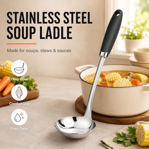 12-Inch Stainless Steel Soup Ladle, Metal Ladle Spoon, Silver