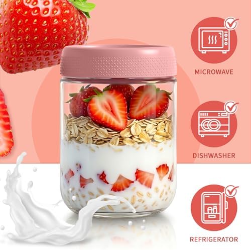 16oz Overnight Oats Containers with Lids, Pink Yogurt Containers with Lids