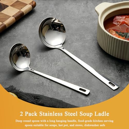 Kyraton 2 Piece Soup Ladle Set, 11.8" Large & 9.6" Small Stainless Steel Ladles, One-Piece Ergonomic Cooking Spoons, Dishwasher Safe Heavy Duty Serving Utensils for Home Kitchen Soup Sauce Noodle