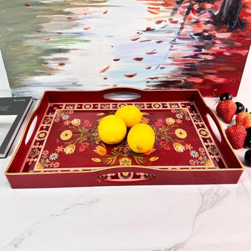 Boho Red Decorative Tray, Serving Tray with 4 Handles, Plastic Tray for Coffee Table, Ottoman - Ideal for Living Room & Bathroom. 15” x 11” x 1.9”
