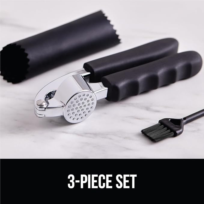 GORILLA GRIP Garlic Press and Peel Set, Heavy Duty Mincer Tool, Large Ergonomic Handle, Easily Mince and Crush Garlics, Ginger, Nuts, Seeds, Peeler Included, Peeling Cloves, Kitchen Gadgets, Black