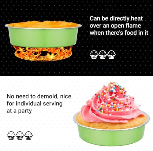 Beasea Mini Pie Tart Pans, 100 Pack 7.3oz 215ml Disposable Baking Cups Only, 4" Mini Ramekin No Lids Aluminum Foil Ramekins Cupcake Baking Tart Tin Pan for Cheesecake Pie - Matcha Green