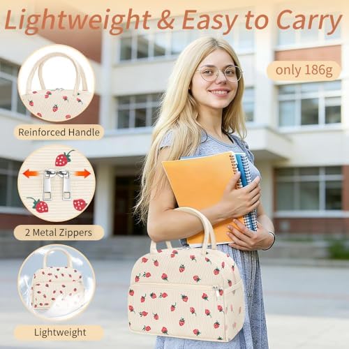 Coobiiya Corduroy Lunch Bag Lunch Box for Women Men, Cute Corduroy Lunch Tote Bags Insulated Reusable LunchBox Large Capacity Cooler Bag for Work Travel Picnic Pink
