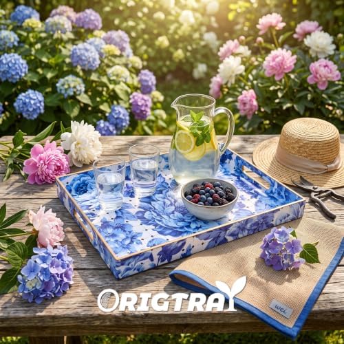 Serving Tray with Handles, Rectangular Plastic Tray 15.75x11.81 Inch, Decorative Tray for Kitchen, Dining Table, Vanity, Office & Home (Blue Peony, 15.8" x 11.8" x 1.6")