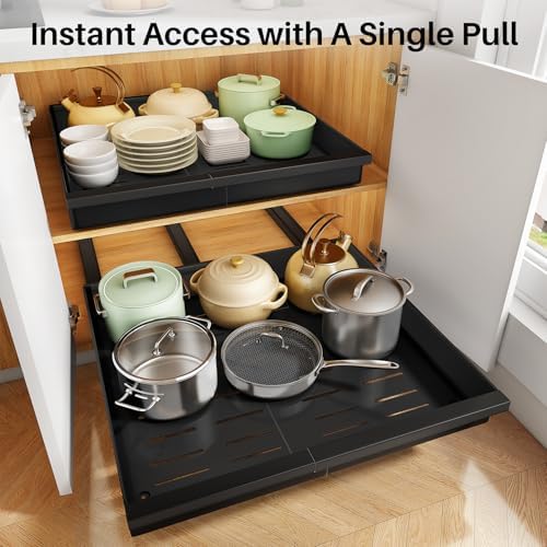 PXRACK Pull out Cabinet Organizer, 2-Pack Expandable(9"-14.2") Silde out Drawers with Raising Pad for Framed Cabinets, Adjustable Full-Extension for Kitchen Pantry Home Pot and Pan, Black