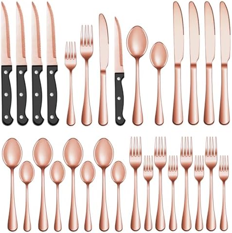72 Pcs Rose Gold Silverware Set with Steak Knives, Stainless Steel Flatware Cutlery Set for 12, Kitchen Tableware Sets, Utensil Sets for Home and Restaurant, Dishwasher Safe