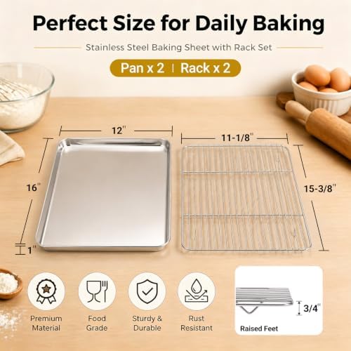 Onader Baking Sheet with Cooling Rack Set of 2, 16x12 Inch Stainless Steel Cookie Sheets for Baking, Metal Jelly Roll Pan with Rack for Oven, 2 Pans + 2 Racks, Nonstick & Rust Resistant