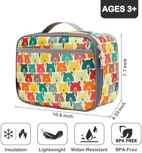 FlowFly Kids Lunch box Insulated Soft Bag Mini Cooler Back to School Thermal Meal Tote Kit for Girls, Boys, Bear