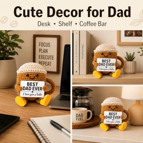 Fathers Day Gift for Dad from Daughter Son, Dad Gifts Crochet Coffee Cup, Best Dad Ever I Love You Handmade Crochet Decor, Birthday Christmas Coffee Lover Gifts for Daddy Papa