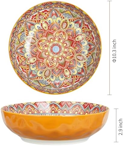 75 Oz Serving Bowls,Bohemian Style Large Porcelain Dishes for Entertaining Parties,Big Bowls for Eating Soup, Salad, Pasta, Fruit, Chips, 10.3 Inch Diameter (orange)