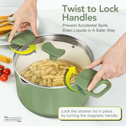 MICHELANGELO 6 Qt Ceramic Nonstick Pasta Pot with Strainer Lid, Roden Green