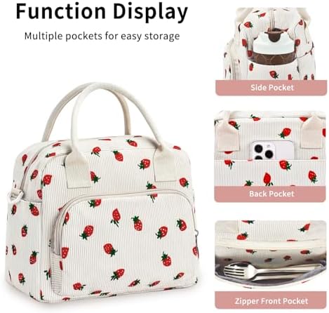 Lunch Bag Women Lunch Box for Women Adult Cute Insulated Lunch Bag Lager Cooler Lunch Tote Bags for Work Picnic (Beige-Strawberry)