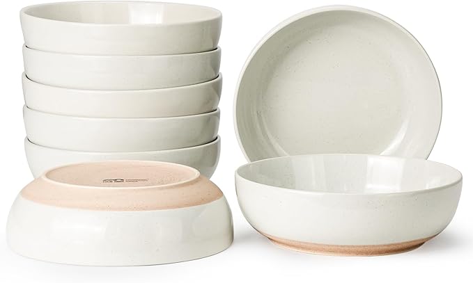 Pasta Bowls Set of 8, 34oz Speckled Ceramic Bowls Set for Serving Salad, Pasta, Soup, Dinner, 8" Wide and Deep Bowls, Dishwasher & Microwave Safe, Matte Terracotta Base (Warm White)