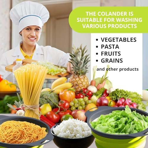 3PCS Green Foldable Kitchen Strainer Set – Silicone Colander Collapsible Strainers and Colanders Green Collander for Kitchen Collapsible Compact Drain Tools for Cooking Prep