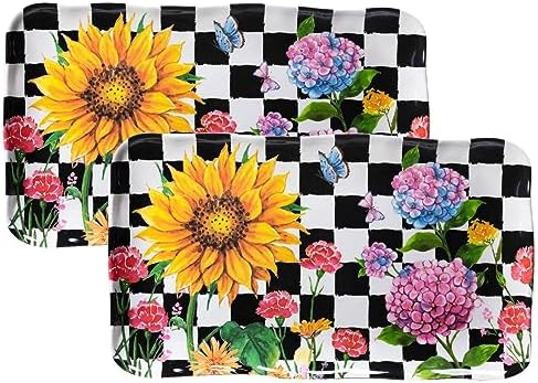LEHAHA Rectangular Melamine Sunflower Serving Tray, 2-Piece Hydrangea Serving Platter Set, 17.5" x 10" Colorful Trays/Platters Sets for Outdoor and Indoor Dining and Entertaining Parties,Black Plaid