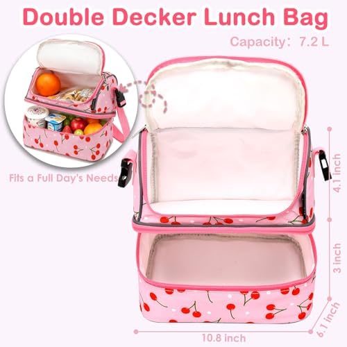 FlowFly Kids Double Decker Cooler Insulated Lunch Bag Large Tote for Boys, Girls, Men, Women, With Adjustable Strap, Cherry