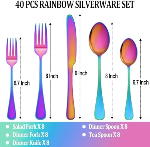40 Pcs Rainbow Silverware Set Service for 8,Stainless Steel Flatware Serving Sets,Kitchen Tableware Set,Utensil Set for Home and Restaurant,Knives Forks Spoons Set,Mirror Polished,Dishwasher Safe