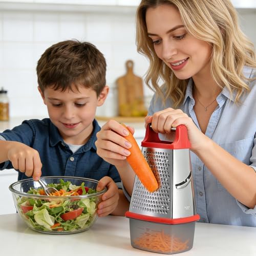 Ourokhome Cheese Grater with Handle, Stainless Steel Box Grater, 4 Side Kitchen Vegetable Shredder Slicer Zester with Container for Parmesan, Cabbage, Ginger, Lemon, Chocolate, Coconut (Red)