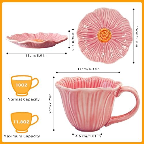 10 oz Tea Cups and Saucers, Ceramic Flower-shaped Cappuccino Cup, Latte Cup and Saucer set, elegant floral Espresso Cup set, Suitable for microwave and dishwasher-Pink