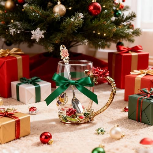 Handicraft Crystal Glass 3D Flower Cups Tea Mug With Tea Spoon Women Coffee, Tea, Juice, Beer, Milk Hot And Cold Drinks Use Gift Package. (Red Rose-Tal)