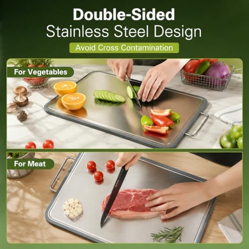 304 Stainless Steel Cutting Board 16''×11'' – Double-Sided Kitchen Chopping Board for Meat, Fruits & Vegetables, Rust-Resistant Steel Cutting Board with Dual Juice Grooves, Easy to Clean