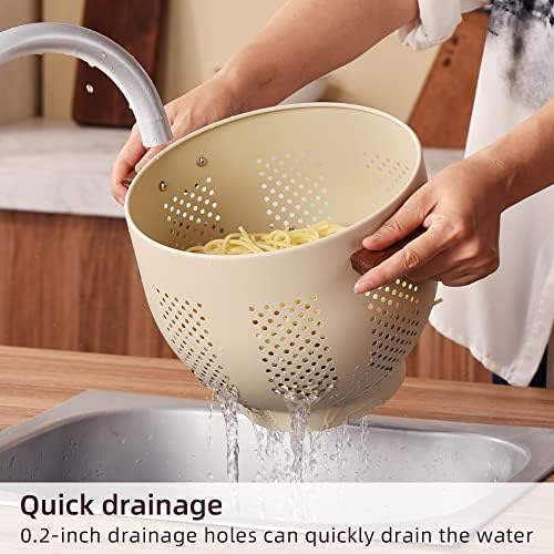BeFare Metal Colander with Wood Handle and Stable Base, Powder Coated Steel Kitchen Strainer Basket for Draining Pasta, Vegetable and fruit (3quart,Sandyellow)