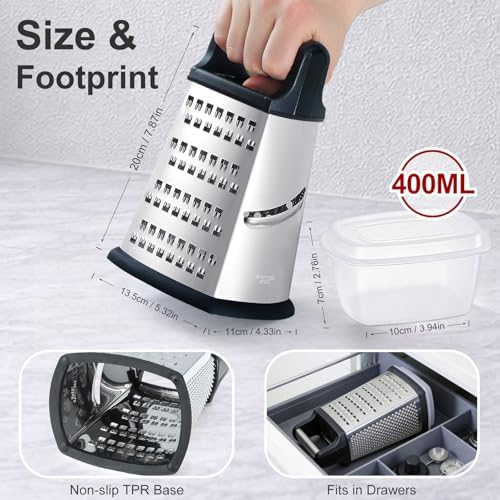 Ourokhome Cheese Grater, Handheld Box Grater with Container & Lid, 4-Sided Stainless Steel for Kitchen, Wavy Julienne, Slicer, Coarse Shred & Fine Zester, Non-Slip Base, Dishwasher Safe, 8 Inch
