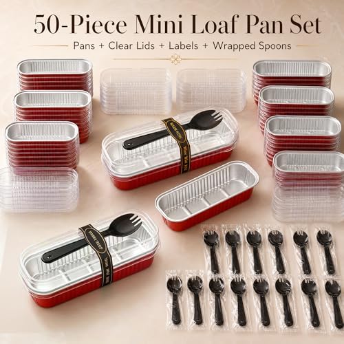 50 Pack Red 6.8oz Mini Cake Pans with Lids, Spoons and Stickers