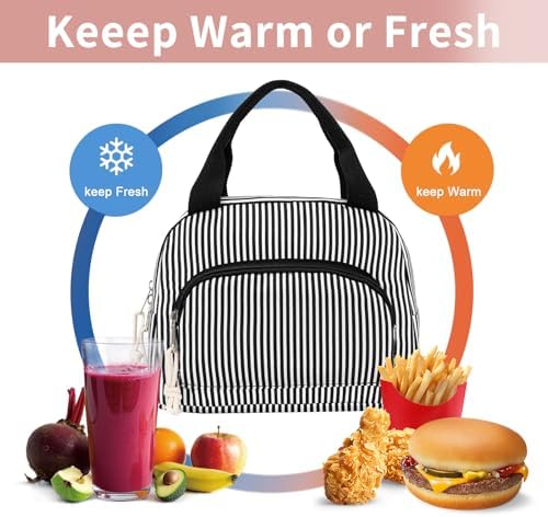 Lunch Bag Women Lunch Box for Women Adult Cute Insulated Lunch Bag Small Cooler Lunch Tote Bags for Work Picnic Travel (Black Stripes)