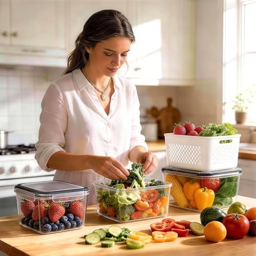 HOMETALL 5 Pack Fruit Storage Containers for Fridge Set, Fruit Washing Bowl with Strainer, Reusable Fridge Organizers and Storage for Berry Salad Lettuce, Size 4.5, 3.4, 1.8, 0.9, 0.4QT