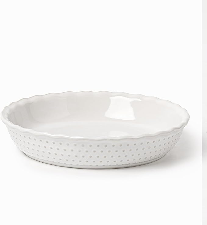 36oz 9 Inch Ceramic Pie Plate,Deep Embossed Dotted Baking Dish for Quiche, Tart, Apple Pie,Rustic Oven Safe Pie Pan with Textured Rim–White Stoneware