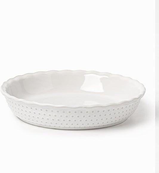 36oz 9 Inch Ceramic Pie Plate,Deep Embossed Dotted Baking Dish for Quiche, Tart, Apple Pie,Rustic Oven Safe Pie Pan with Textured Rim–White Stoneware